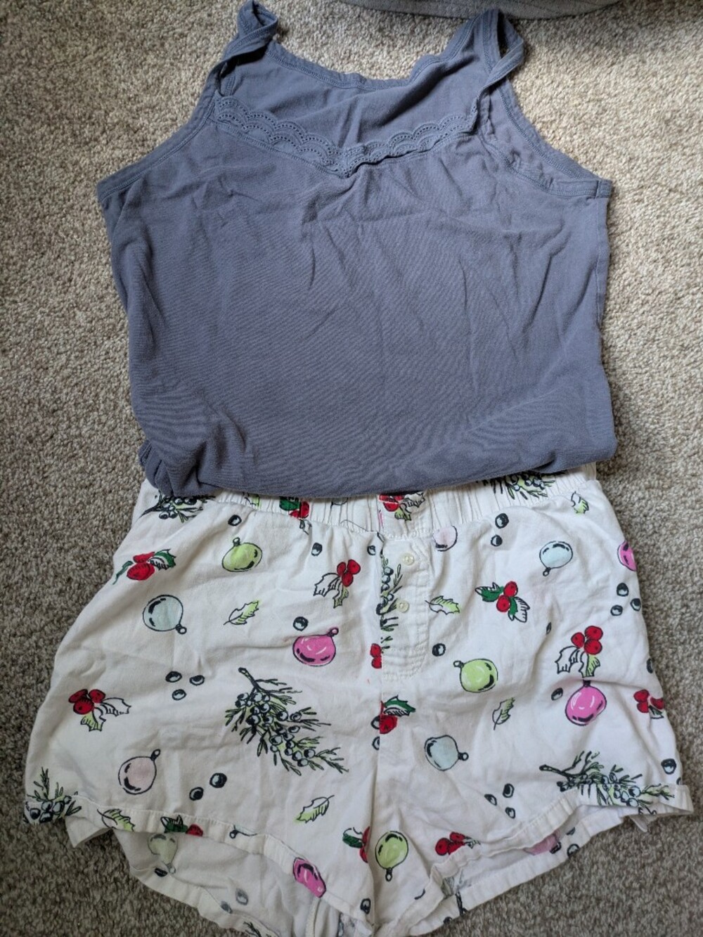 Washed Blue Lace-Trim Tank with White Christmas Print Shorts